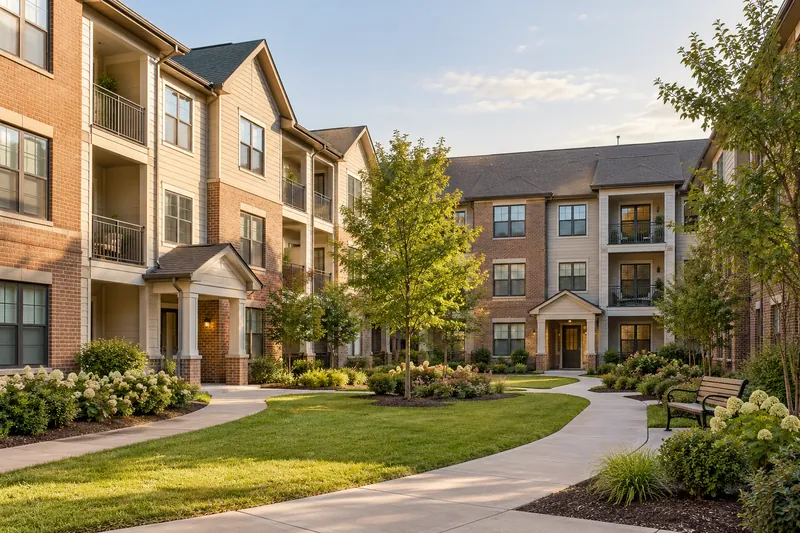 A low-rise apartment community around a landscaped courtyard.