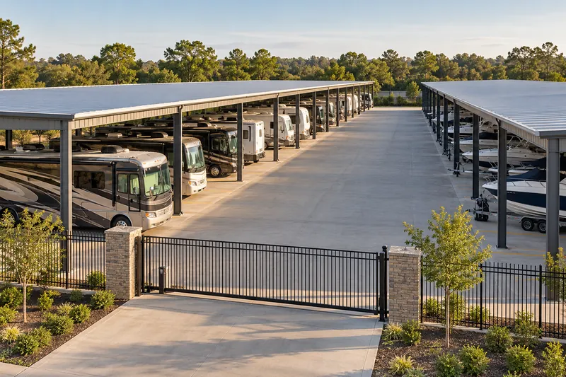 Boats on trailers and recreational vehicles beneath covered storage canopies.