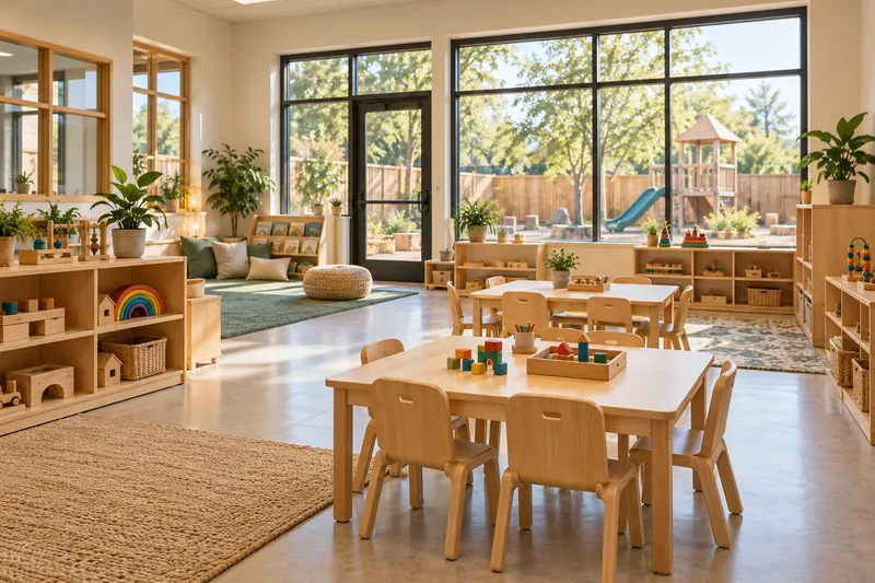 An early-learning classroom with child-height furniture, toy shelves and a reading corner.