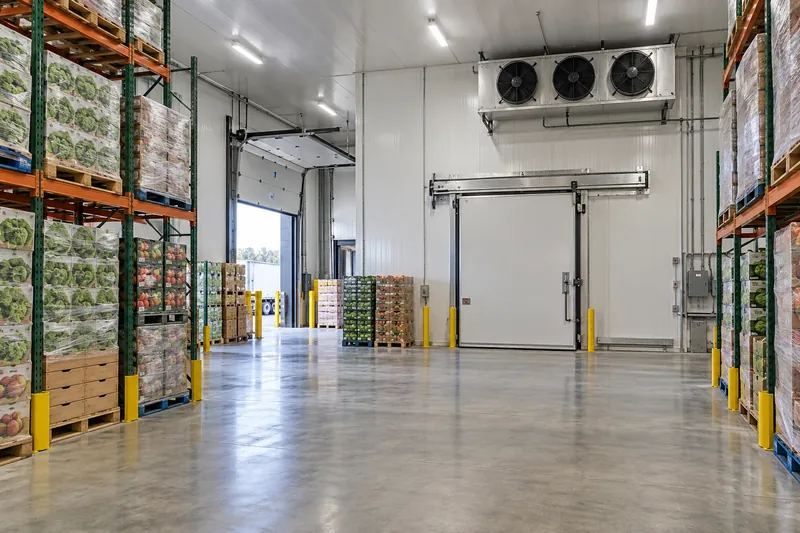 An insulated cold-storage warehouse with pallet racks and refrigeration equipment.