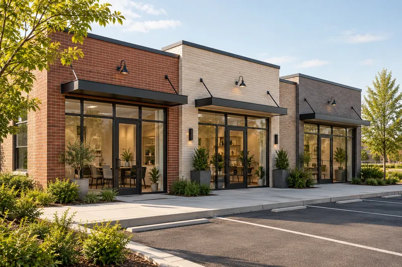 Individually accessed commercial suites sharing a walkway and parking area.