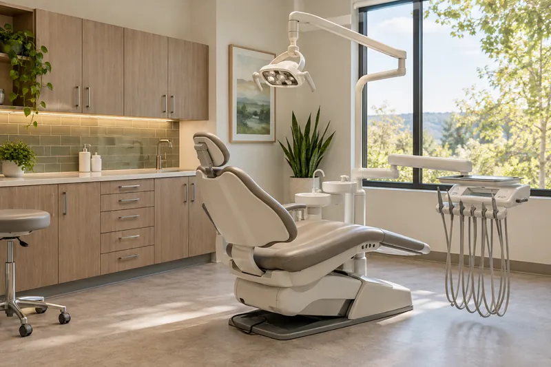 A dental treatment room with a patient chair, examination light and cabinetry.