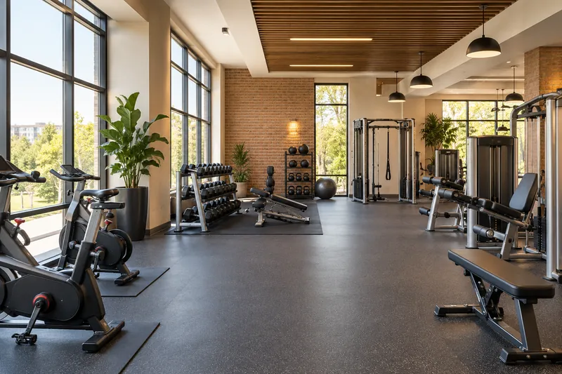 A fitness facility with strength machines, exercise bikes and open circulation space.