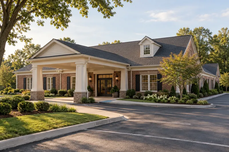 A quiet brick funeral-home building with a covered entrance and mature landscaping.