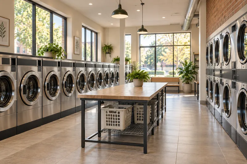 A laundromat with commercial washers, stacked dryers and folding tables.