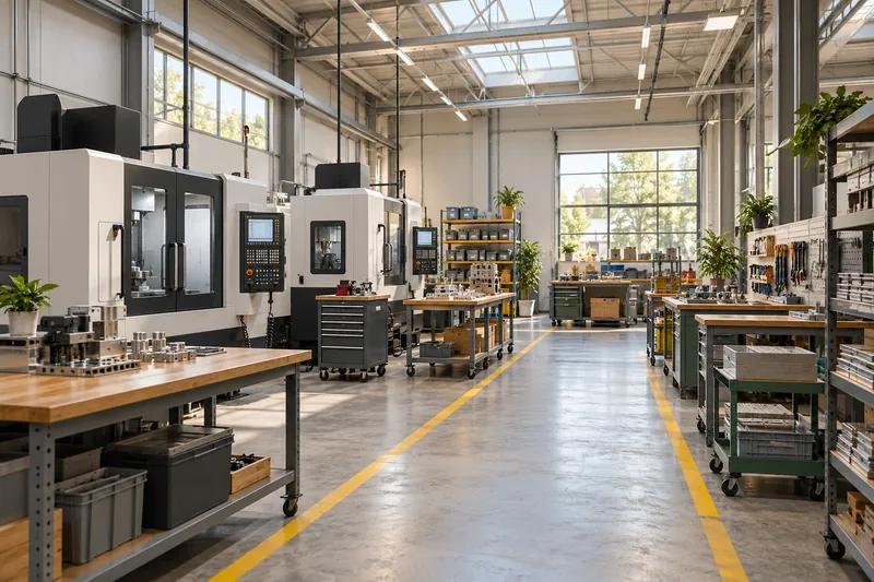 A light-manufacturing floor with enclosed machine tools and organized assembly benches.