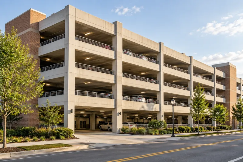 An open-sided parking garage with vehicle decks and a dedicated entrance.