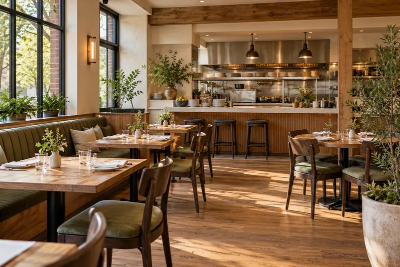 A neighborhood restaurant dining room with a service counter and kitchen pass.