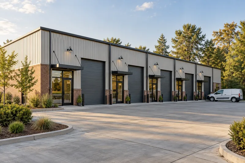 A row of small industrial bays with individual roll-up doors and office entrances.