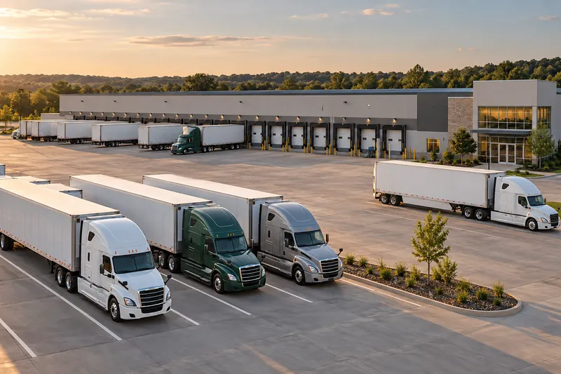 A trucking terminal with parked tractors, trailers and a cross-dock building.