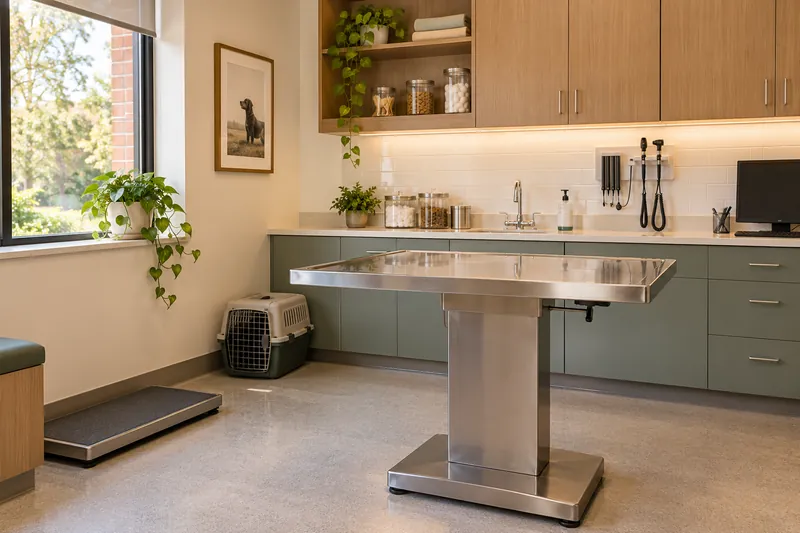 A veterinary exam room with an animal examination table and weighing platform.