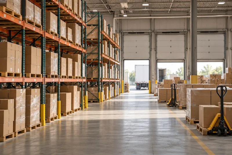 A wholesale warehouse with boxed inventory, pallet racks and an order-staging area.